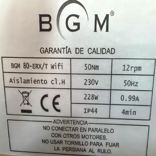 Motor para persiana BGM 50RX Smart con receptor incorporado 30N/15R.P.M para mando bidireccional