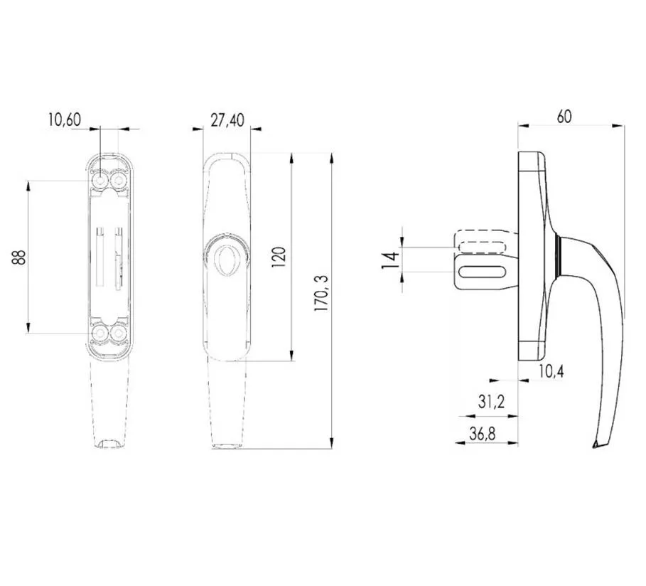 Maneta Hydra para puertas apertura exterior.  BLANCO