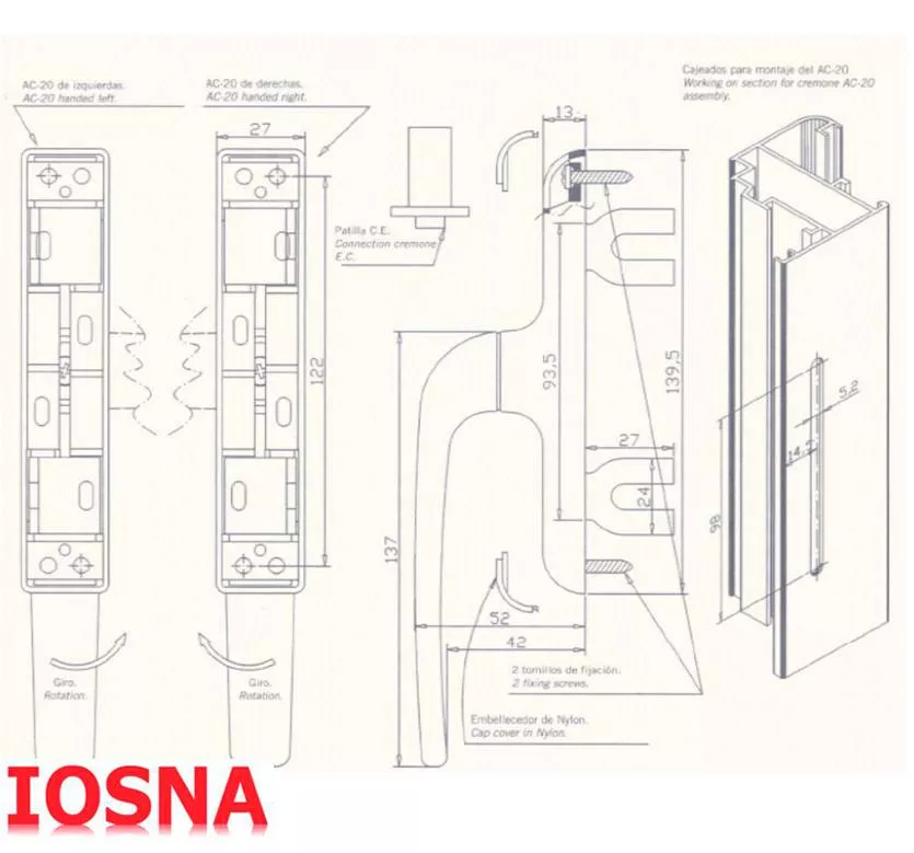 Cremona apertura exterior AC-20 Cremona AC-20 Blanca Reversible - Puertas Interior y Exterior