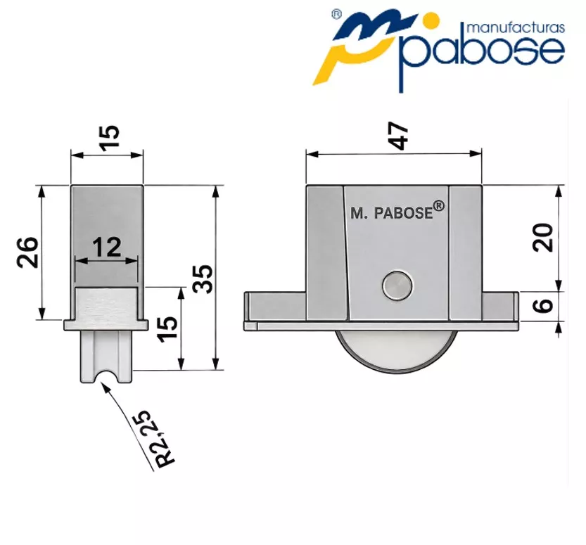 RUEDA PABOSE P-2001E-A PARA HOJA CORREDERA DE PVC